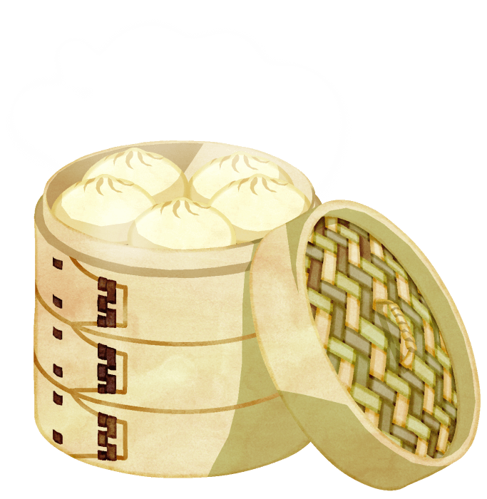 中華まんのイラストです。三段のせいろに敷き詰められています。蒸しあがったばかりの熱々ホカホカです。中華まんは、小麦粉ベースの柔らかい皮の中に豚挽肉やタケノコ、椎茸などのジューシーな具材が入っています。元々は中国の蒸しパン・饅頭（マントウ）です。