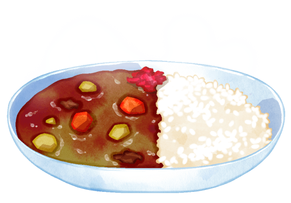 カレーライスのイラストです。こちらのカレーライスは、ジャガイモ、ニンジン、タマネギの入った"いかにもな日本のカレーライス"です。また、レストランや家庭のというよりは、学食や社員食堂の飾りっ気のないカレーライスといったイメージです。こちらは福神漬けがついています。