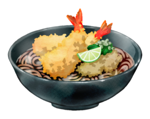 海老天の乗った、天ぷら蕎麦のイラストです。蕎麦はさっぱりとした口当たりなので、こうした揚げ物との相性が抜群です。イラストは温かい蕎麦です。