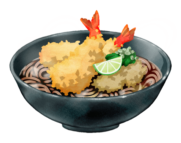 海老天の乗った、天ぷら蕎麦のイラストです。蕎麦はさっぱりとした口当たりなので、こうした揚げ物との相性が抜群です。イラストは温かい蕎麦です。