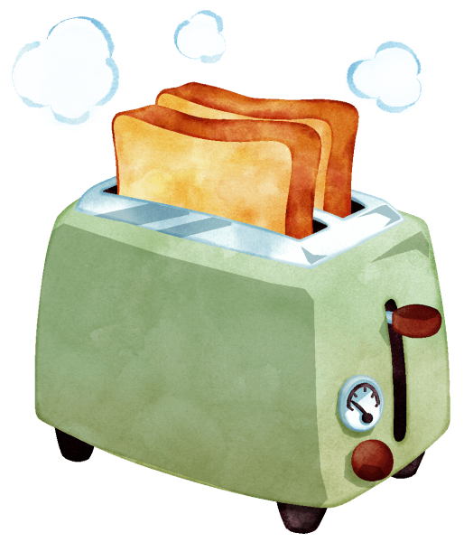 ポップアップトースターは手軽にトーストを作る調理家電です。縦に入れた食パンが、焼けるとポンと飛び出る様は、朝の風景にぴったりです。こちらのイラストはこんがり焼けたトーストつきです。