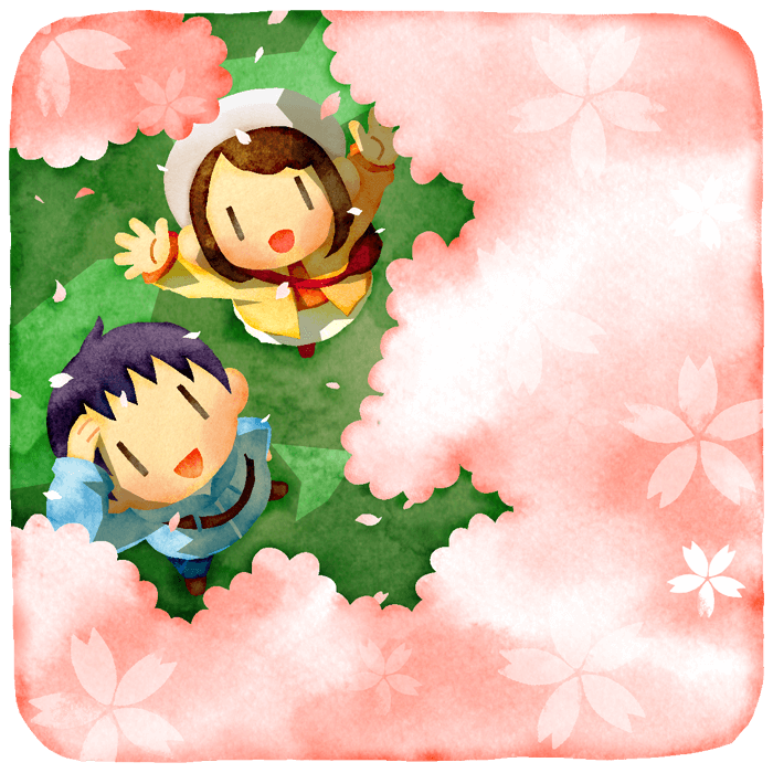 満開の桜を、男女二人で見上げているイラストです。春の訪れに、思わず顔がほころびます。暖かくなってきたとこもあって、薄手のアウターでも外出できるようになりました。