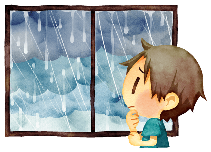 窓から見える天気は雨です。外は薄暗く、窓ガラスにも雨の水滴がたくさんついています。窓の外を眺める人物の表情は困り顔です。