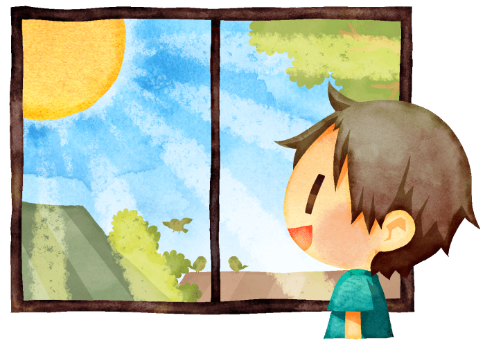 窓から見える天気は快晴で、太陽が輝いています。近所の民家の屋根が見え、スズメが楽しそうに鳴いているようです。窓の外を眺める人物の表情は笑顔です