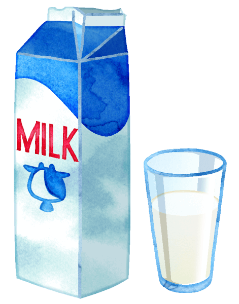 牛乳パックとコップに注いだ牛乳のイラストです。牛乳パックは1リットルのサイズをイメージしています。コップはガラス、もしくはプラスチック製のシンプルなものです。