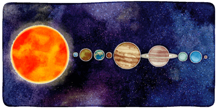 太陽系の惑星が並んでいるイラストです。左から太陽、水星、金星、地球、火星、木星、土星、天王星、海王星、冥王星です。