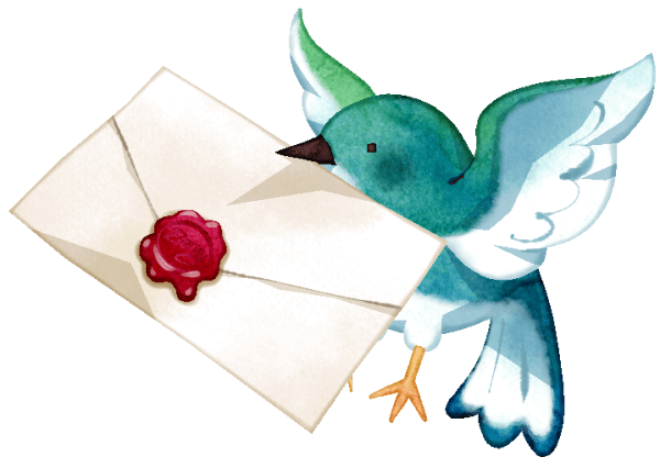 蝋で封をした中世風の手紙をくわえた青い鳥です。