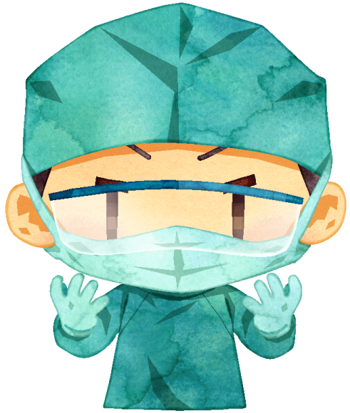 緑の手術着に身を包んだ外科の執刀医が、オペを開始するポーズをとっているイラストです。帽子に手袋、マスク、ゴーグルを装着しています。