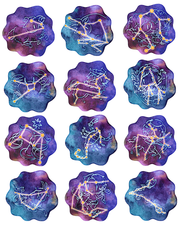 黄道十二星座です。星の形と、星座の象徴となる絵が重なり合ったイラストです。青や紫などが混ざり合った宇宙空間と、無数の小さな星が散りばめられた背景で統一されています。このイラストは12個ある星座の一覧です。