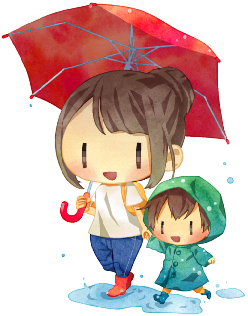 雨の日に赤い傘を差し、子供の手を引き歩く親子のイラストです。子供は緑色のカッパを着て楽しそうです。二人の足元には水溜まりがあります。