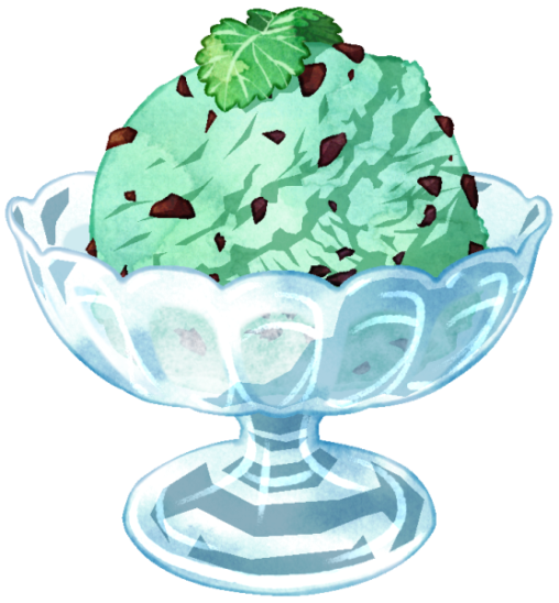 チョコミントのアイスクリームのイラストです。ガラス製の器に盛りつけられ、ミントの葉が飾られています。水色と緑の中間である"ミントカラー"は見た目にも清涼感を与えてくれます。