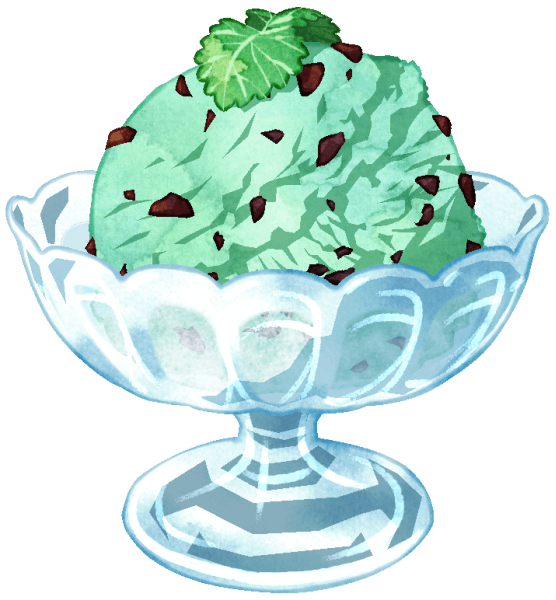 チョコミントのアイスクリームのイラストです。ガラス製の器に盛りつけられ、ミントの葉が飾られています。水色と緑の中間である"ミントカラー"は見た目にも清涼感を与えてくれます。