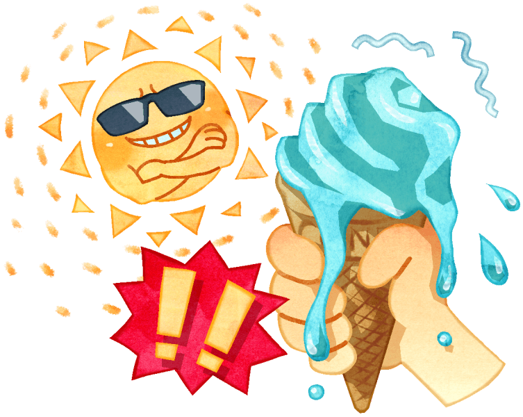 時は真夏。猛暑、酷暑と言われる日差しの中で、あっという間に溶けてしまうアイスクリームのイラストです。腕組みとサングラス、意地悪そうに微笑む太陽は、"ギラギラの太陽"を分かりやすくコミカルタッチに表現しました。そして食べる間もなく溶けてゆくアイスクリームに驚いている表現として感嘆符をつけました。