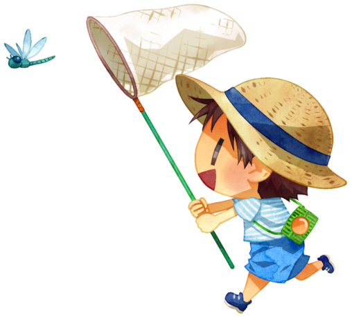 少年が虫取り網を掲げ、トンボを追いかけ楽しそうに走っています。少年は大きな麦わら帽子を被り、虫かごを肩から下げています。