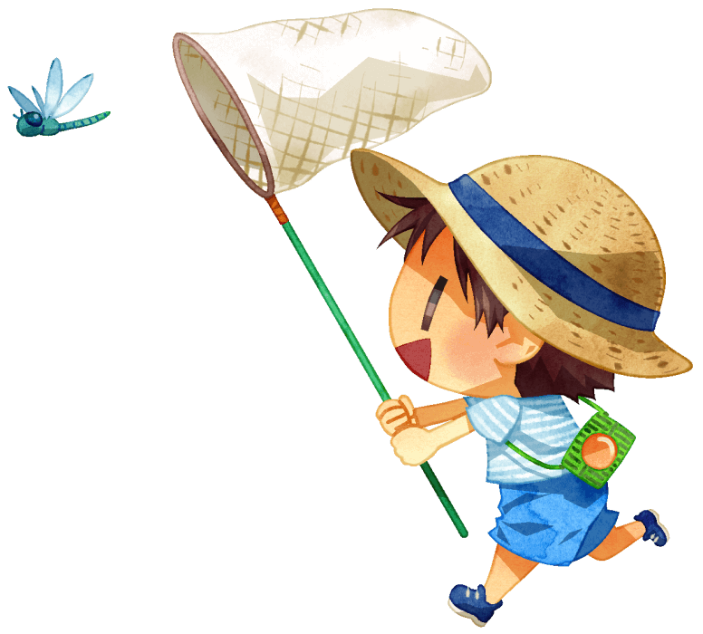 少年が虫取り網を掲げ、トンボを追いかけ楽しそうに走っています。少年は大きな麦わら帽子を被り、虫かごを肩から下げています。