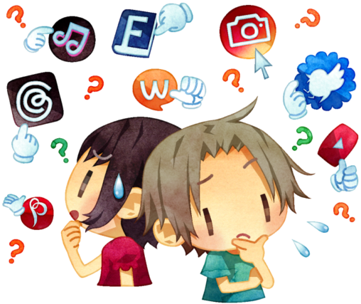 たくさんあるSNS（ソーシャルネットワーキングサービス/Social Networking Service）。どれを選べばいいのか？複数選んで使用するのがいいのか？自分に合っているのは？友達と同じものを選ぶのか？そんな悩みを抱えている人物たちのイラストです。