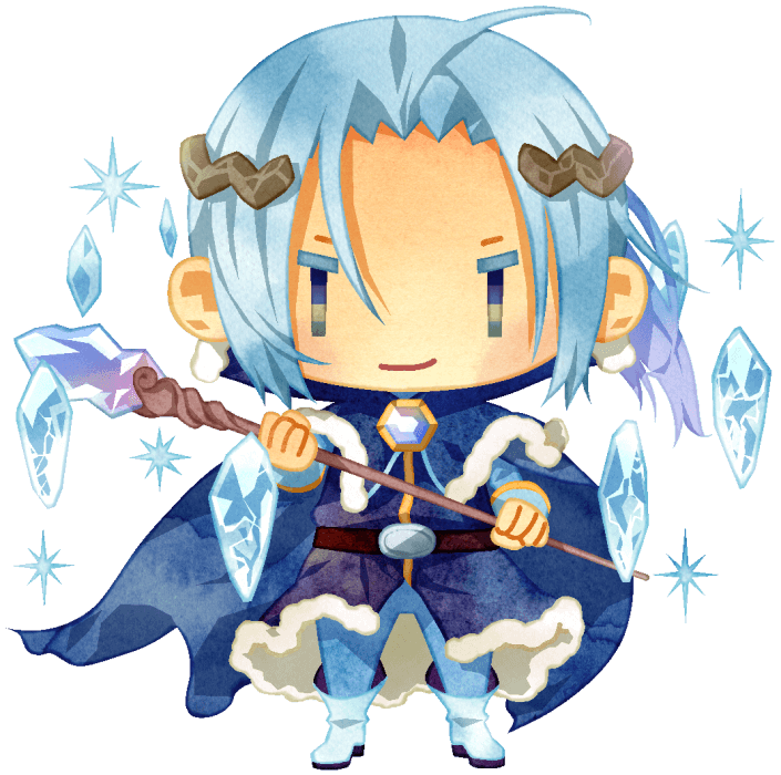 氷の魔法を使う男性の魔導士のイラストです。青みがかった長い銀髪は後ろで一つにまとめられています。水晶のあしらわれた杖を持ち、マントをたなびかせ、周囲に自身の魔法で作り出した氷が浮かんでいます。