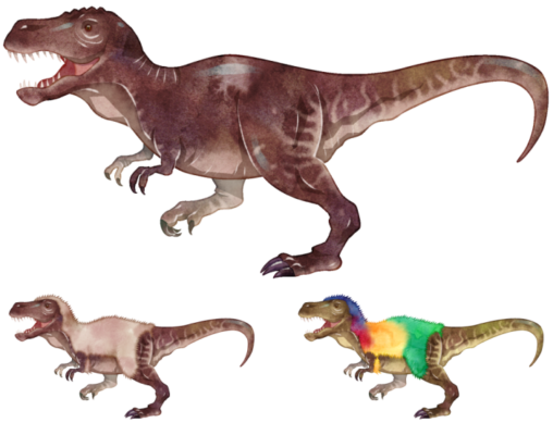 "最強の恐竜"と称される白亜紀の巨大肉食恐竜、ティラノサウルスのイラストです。研究が進むにつれて、体色や体毛の有無など様々なことが明らかにされたり、また間違っているものは訂正されることがあり、容姿が変わることもあります。