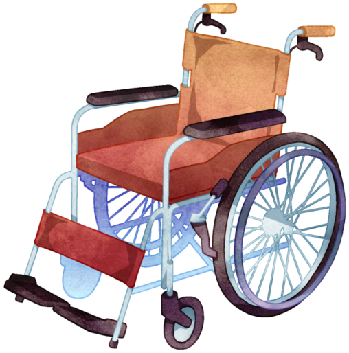 車椅子のイラストです。足の怪我や、病気、高齢、妊娠等により歩行が困難な方が使用します。
