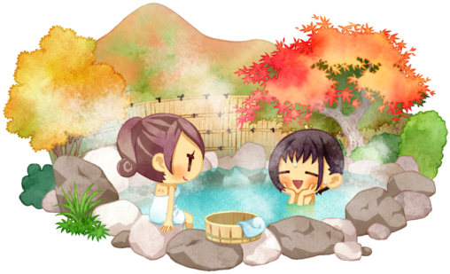 紅葉が美しい、秋の露天風呂のイラストです。二人の女性旅行客が、露天の岩風呂を楽しんでいます。露天風呂の周りには赤いカエデや黄色に紅葉した木などが植えられ、竹垣に囲まれています。その奥には赤や黄色に色づいた山が見えます。