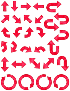 様々な種類の"矢印"のセットです。文字を入力する時も矢印（↑↓→←）は出ますが、文字としての矢印では物足りない、インパクトに欠ける、欲しい形がない、等にお使いいただけます！カラーはレッドです。