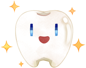 歯の健康状態を表現したイラストです。デフォルメされた歯単体（歯のキャラクター）が、症状に合わせて表情を変えています。
健康な歯です。