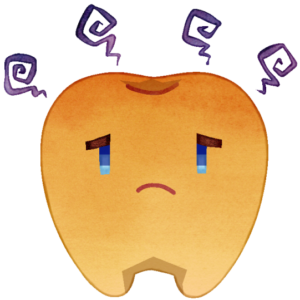 歯の健康状態を表現したイラストです。デフォルメされた歯単体（歯のキャラクター）が、症状に合わせて表情を変えています。
黄ばんでいます。