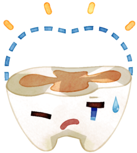 歯の健康状態を表現したイラストです。デフォルメされた歯単体（歯のキャラクター）が、症状に合わせて表情を変えています。
すり減っています。