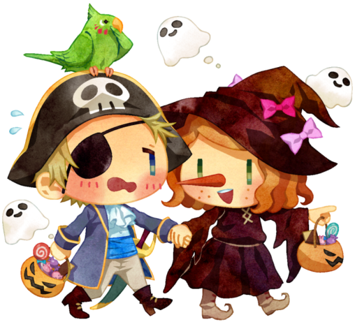 ハロウィン・ナイトに仮装をする子供たちのイラストです。男の子と女の子が手を繋いで歩いています。男の子は海賊の仮装を、女の子は魔女の仮装をし、それぞれの手にはかぼちゃ型のバッグにお菓子が入れられています。