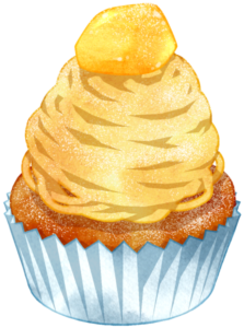 モンブラン（ケーキ）のイラストです。フランス・イタリア国境の山、モンブランに似ていることからこの名がつけられました。イラストは、モンブランの中でも代表的な栗を原料としたケーキです。普通のモンブラン。