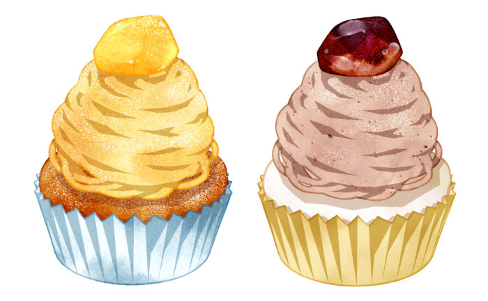 モンブラン（ケーキ）のイラストです。フランス・イタリア国境の山、モンブラン山に似ていることからこの名がつけられました。イラストは、モンブランの中でも代表的な栗を原料としたケーキです。サンプルイラストです。