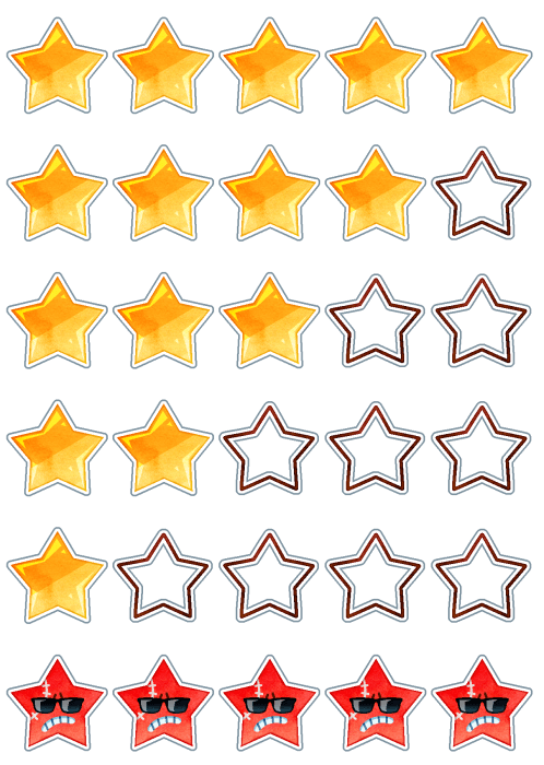 商品などの評価を表す5つ星のイラストです。星4以下の星型の枠の中は透過するようにできています。また、画像や動画などに重ねても見やすいように白抜き加工もされています。 これはサンプル画像です。