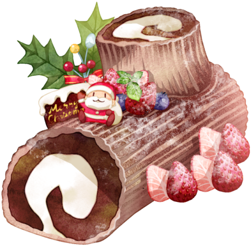 ブッシュ・ド・ノエル（ビュッシュ・ド・ノエル）のイラストです。フランス語でブッシュが丸太、ノエルがクリスマスという意味で、ロールケーキをベースにした、木（丸太）のようなケーキです。クリスマスのケーキなので、華やかなトッピングが施されています。