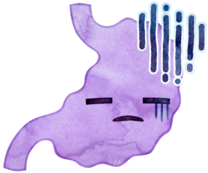 胃の健康状態をコミカルに表現したイラストです。健康な胃やダメージを受けている胃など、様々な状態を表しています。
疲れている胃です。