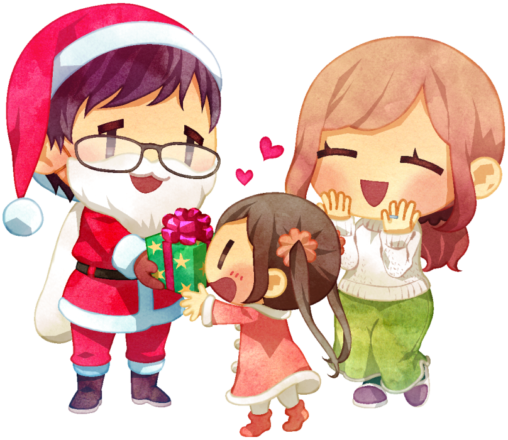 サンタクロースの格好をした父親が、幼い娘にクリスマスプレゼントを手渡しています。傍らには笑顔の母親もいて、幸せに包まれたクリスマスのワンシーンのイラストです。