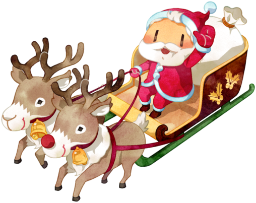 クリスマスに定番のサンタクロースのイラストです。二頭のトナカイの引くソリに乗ったサンタクロースが手を振っています。トナカイの一頭は、赤鼻のトナカイです。