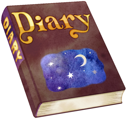 日記帳のイラストです。ハードカバーで"Diary"の箔押しが施され、夜空のイラストが描かれた表紙です。