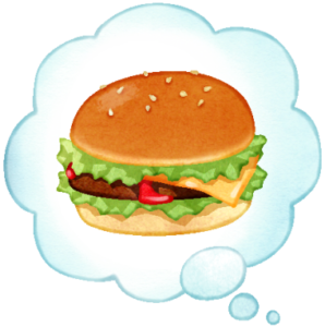 思い浮かべた食べ物のイラストです。あぶく吹き出しの中に思い浮かべた食べ物の映像が刻まれています。お好きな人物画像などと合成してお使いいただけます。ハンバーガーのイラストです。