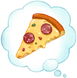 思い浮かべた食べ物のイラストです。あぶく吹き出しの中に思い浮かべた食べ物の映像が刻まれています。お好きな人物画像などと合成してお使いいただけます。ピザのイラストです。