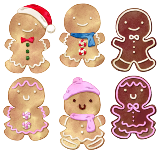 ジンジャーマンクッキーのイラストです。ジンジャーブレッドマンとも言います。生姜が入ったクッキーです。人型の型抜きで形を作り、焼いた後にアイシングで可愛らしく絵を描いたものです。クリスマスが近づくとよく目にするお菓子です。 ※サンプルイラストです。