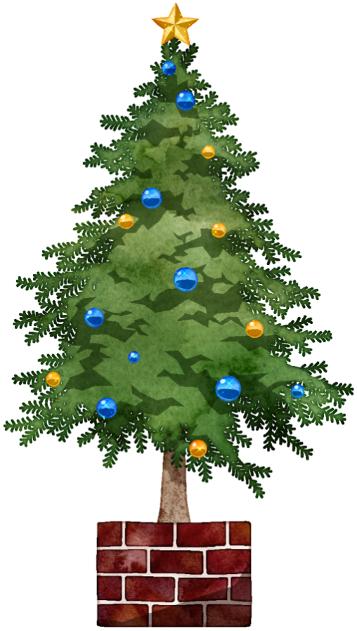 クリスマスツリーのイラストです。クリスマスの定番の飾りです。鉢植えにしたモミの木のてっぺんに星、そして木全体に青と金のオーナメントを飾ったシンプルなツリーです。