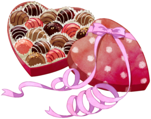 バレンタインチョコレートのイラストです。ハート型の可愛らしい箱の中に、丸いチョコレートがいくつか詰められています。愛情たっぷりのチョコレートのプレゼントという意味では、バレンタインに限りません。