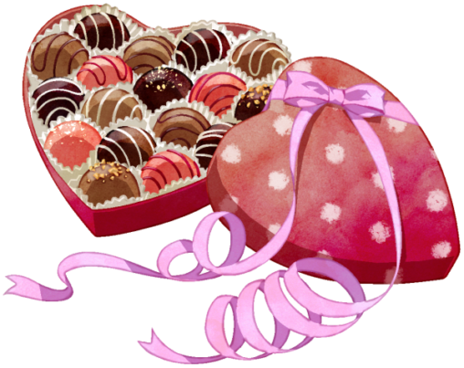 バレンタインチョコレートのイラストです。ハート型の可愛らしい箱の中に、丸いチョコレートがいくつか詰められています。愛情たっぷりのチョコレートのプレゼントという意味では、バレンタインに限りません。