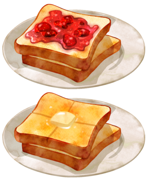 トーストのイラストです。こんがり焼いた食パンに、苺ジャムやバターを塗ったものです。 ※サンプルイラストです。