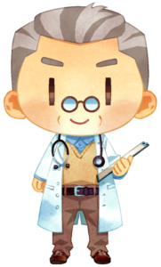 医者（医師）の男性の立ちポーズのイラストです。白髪が多く、口元にもシワがあることからベテランの医師のイメージです。首には聴診器をかけ、手にはカルテを持っています。