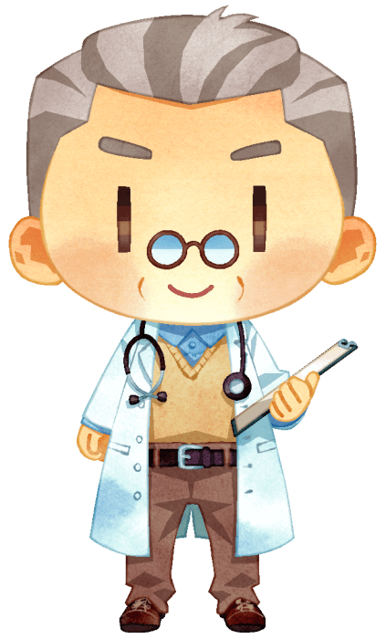 医者（医師）の男性の立ちポーズのイラストです。白髪が多く、口元にもシワがあることからベテランの医師のイメージです。首には聴診器をかけ、手にはカルテを持っています。