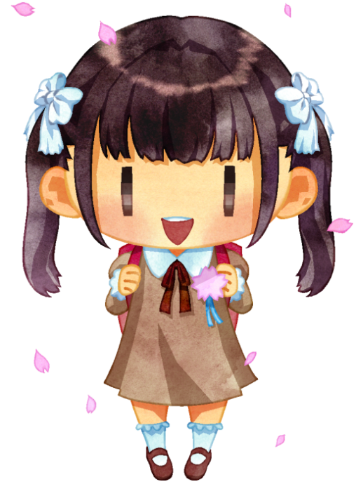小学校の入学式の時の女児のイラストです。髪はきれいにまとめ上げられ、上質な洋服を着用しています。希望に満ち溢れた笑顔を迎い入れるように、桜の花が舞っています。