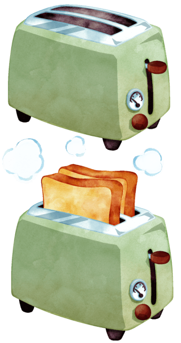 ポップアップトースターと、それで焼いたトーストのイラストです。昔ながらの調理家電で、パンに何か乗せたままの調理ができない不便さはありますが、時間になるとポンと飛び出る様が楽しいので今でも愛されています。 ※サンプルイラストです。