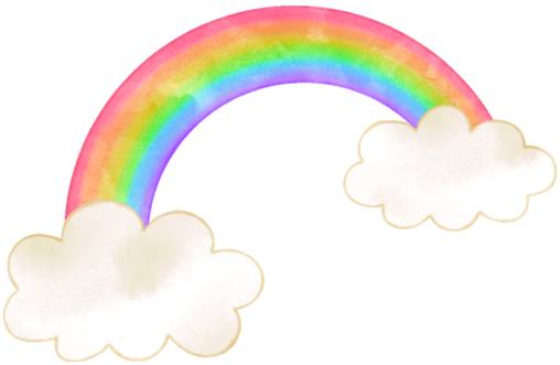 虹のイラストです。雲と雲の間に七色の光が架かっています。優しい色合いなので、写真にスタンプするだけで可愛らしくなります！