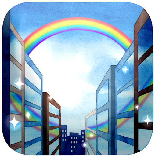 虹のイラストです。雨上がりの大都会、ビルの隙間に差す大きな虹の光が窓にも反射しています。背景つきのイラストです。